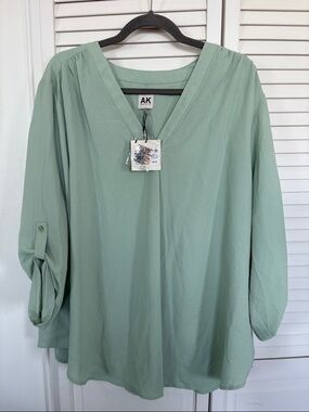 Anne Klein Soft Mint V-Neck Roll-Tab Blouse